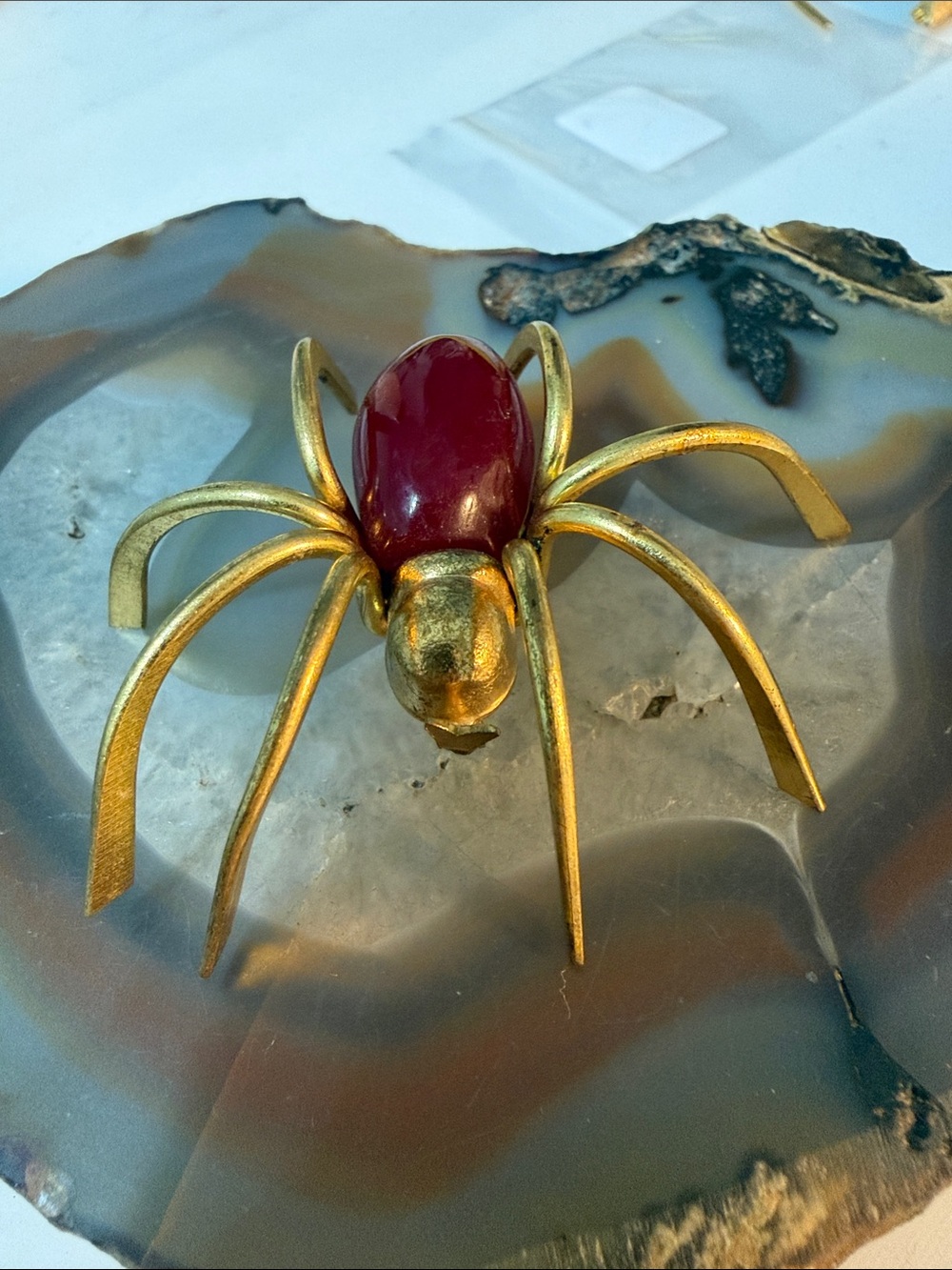 Vintage 1930’s Gold Bakelite Spider Brooch with Red Bakelite body Guc 2.5”